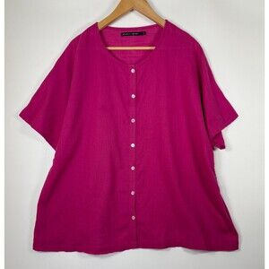 Gudrun Sjoden Organic Cotton Button Front Shirt Large Pink Fuchsia Short Sleeve